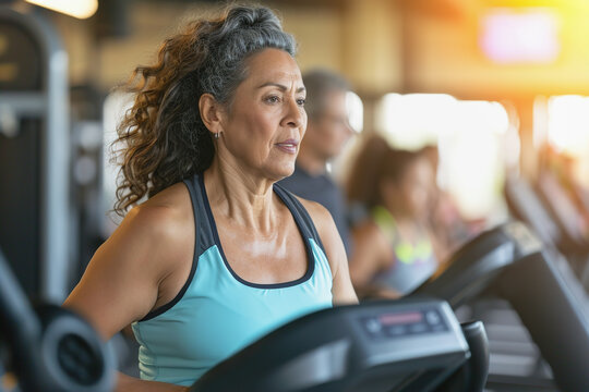 Woman running on a treadmill in supportive activewear